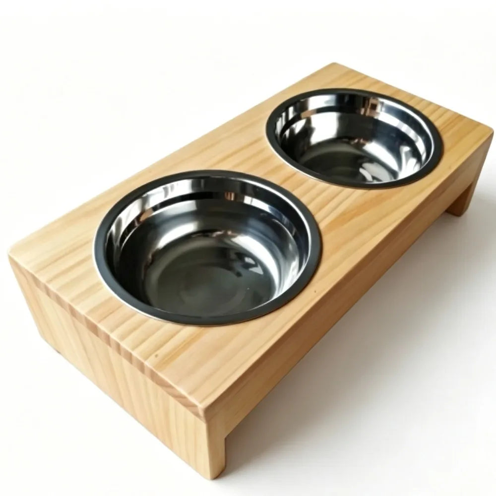 Wooden Elevated Dog Bowls With Stainless Steel Double Pet Feeder