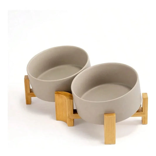 Slanted Ceramic Dog And Cat Bowl With Wooden Stand