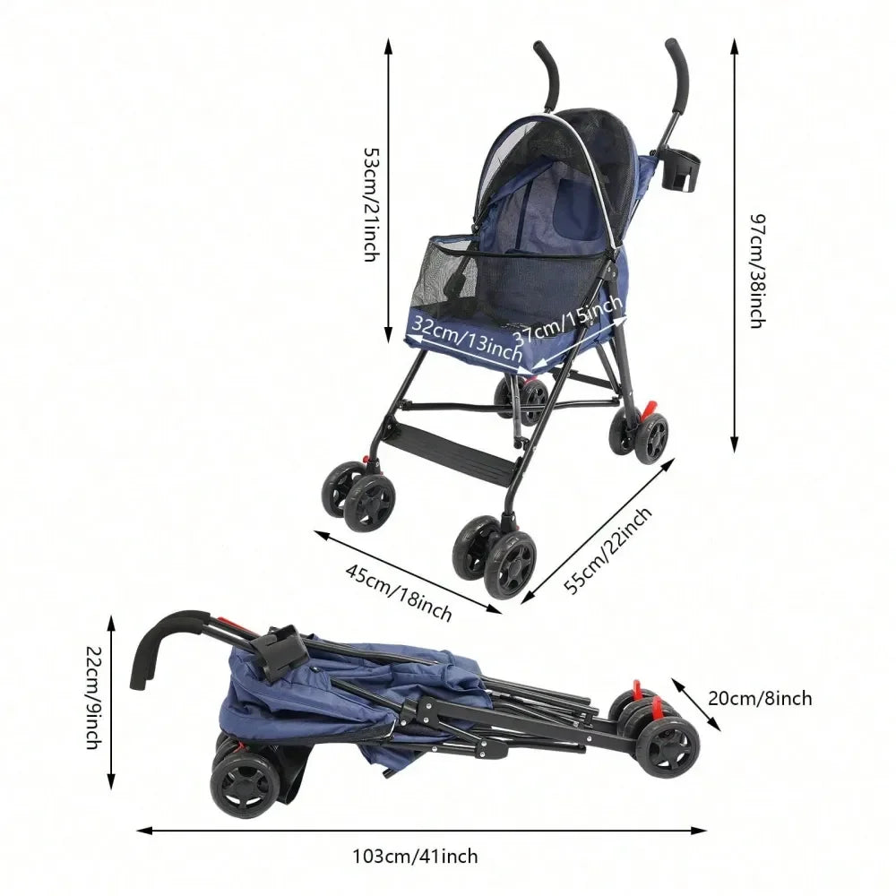 XMSJ Foldable Pet Travel Stroller With Four Wheels