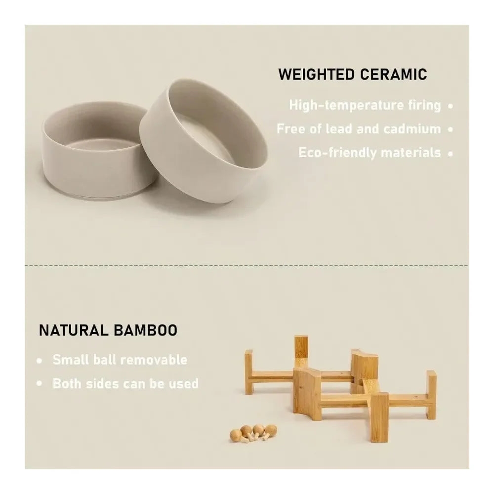 Slanted Ceramic Dog And Cat Bowl With Wooden Stand