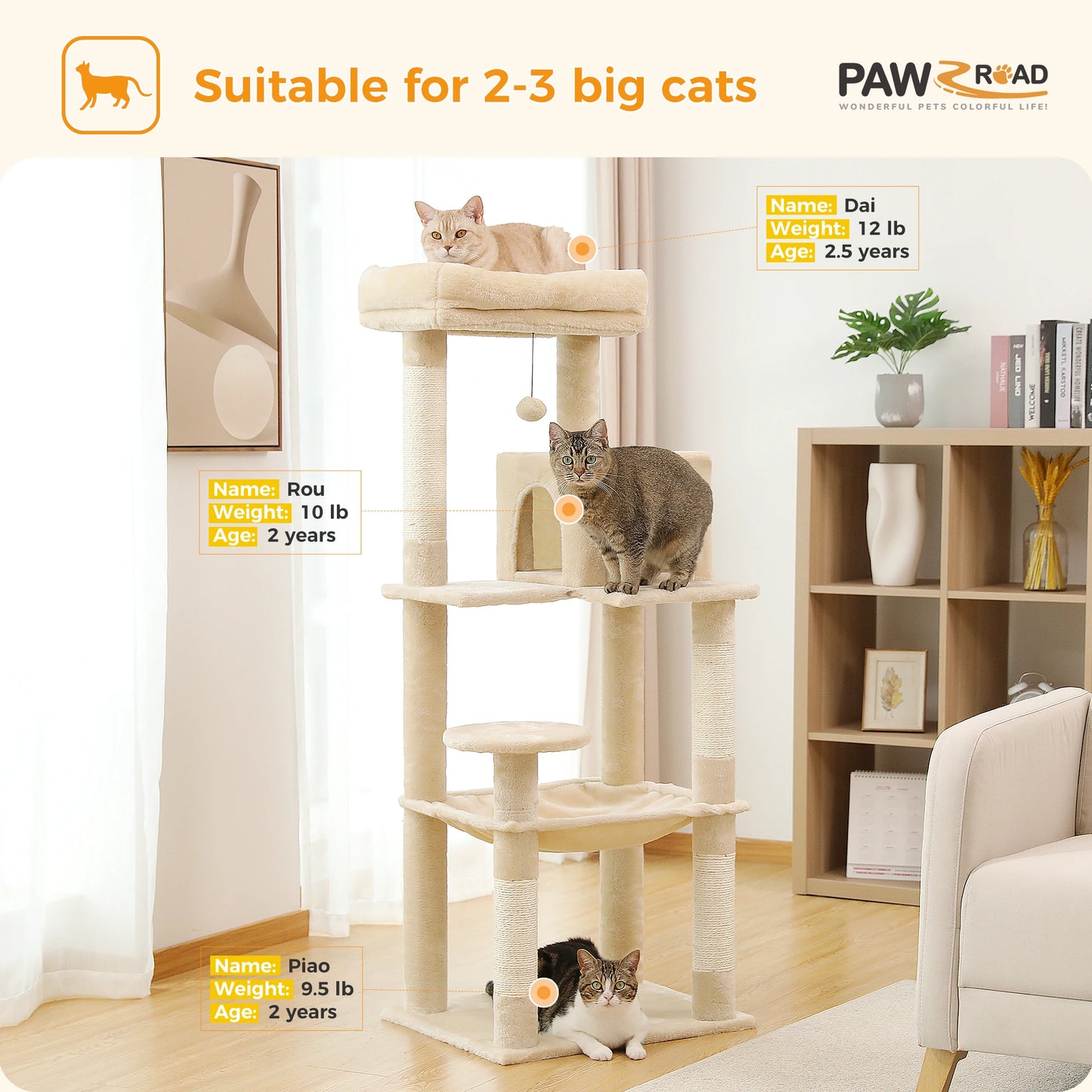 PAWZ Road 5-Level Cat Tree Tower For Indoor Cats With Cozy Condo And Hammock