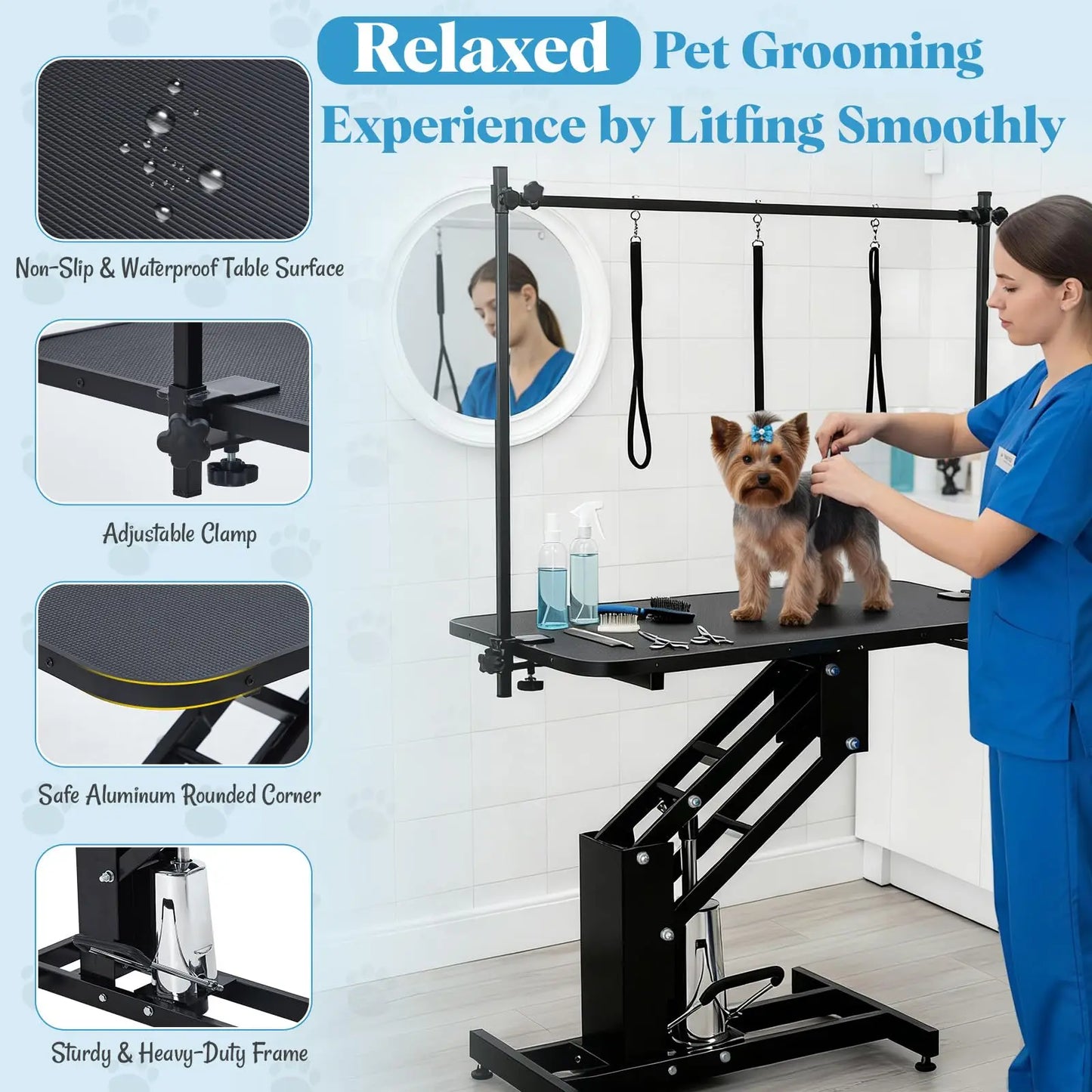 Hydraulic Pet Grooming Table With Adjustable Overhead Arm And Noose