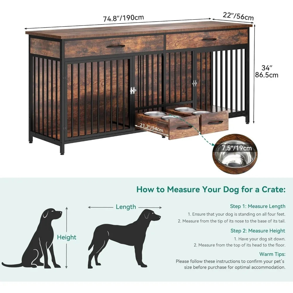 Double Dog Crate Furniture With TV Stand And Feeder