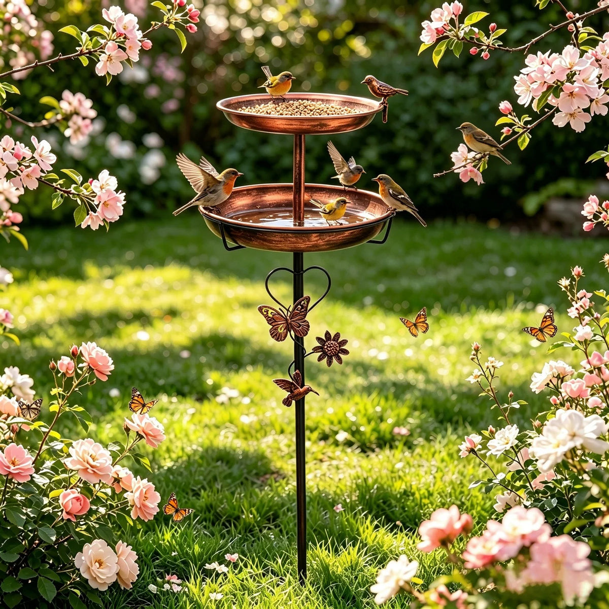 Sturdy Two Tier Metal Bird Bath For Garden Outdoor Decor