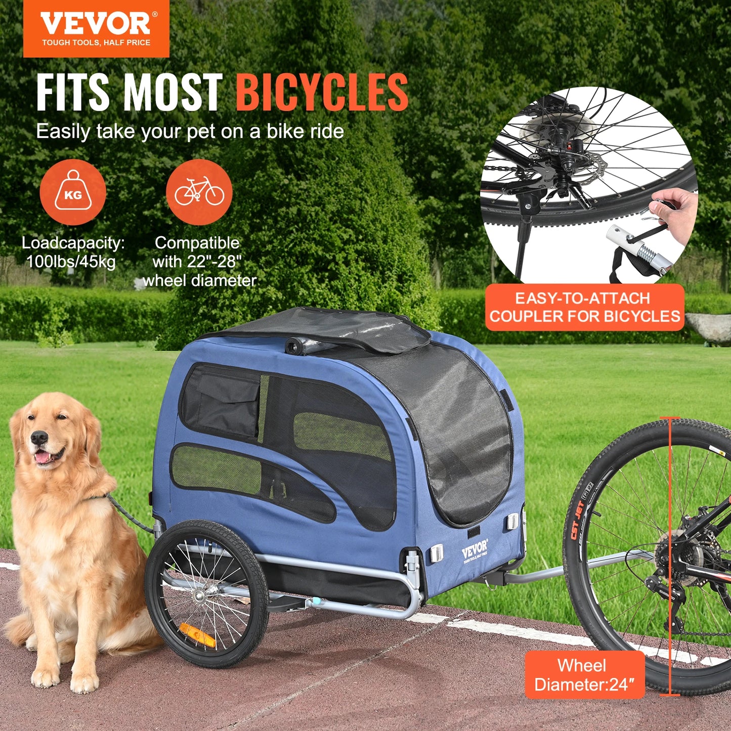Pet Bicycle Trailer For Dogs With Reflectors And Coupler