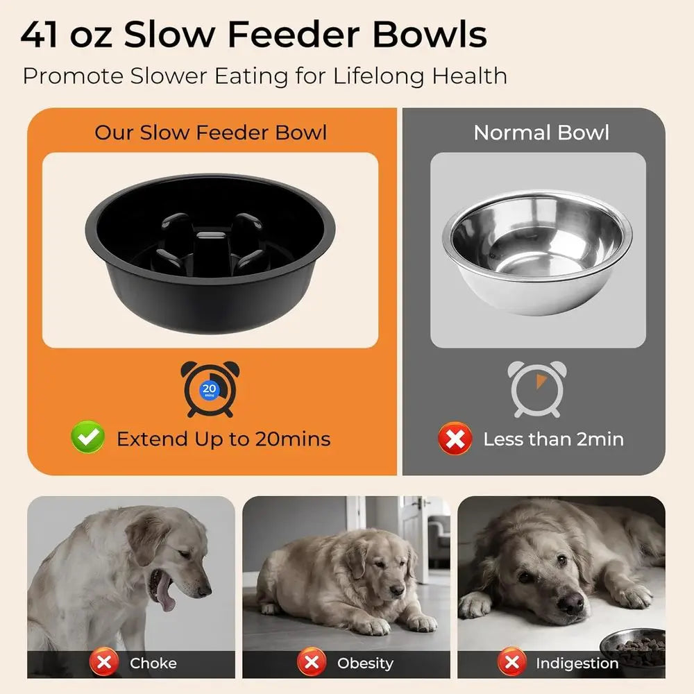 Elevated Adjustable Dog Bowls With No Spill And Slow Feeder