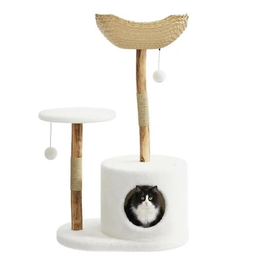 Wooden Cat Tree Tower with Rattan Multi Level Climbing Perches