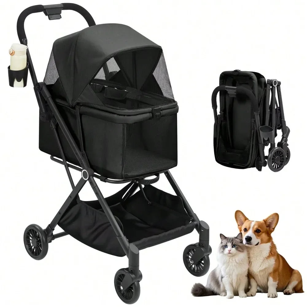 XMSJ Pet Stroller Foldable 4-Wheel Travel Carrier For Pets