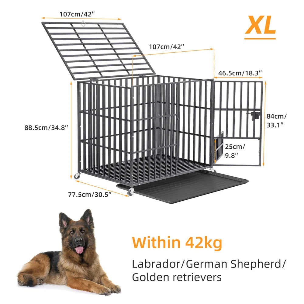 BORWART Heavy Duty Dog Crate Chew Resistant Metal Kennel With Locking Wheels