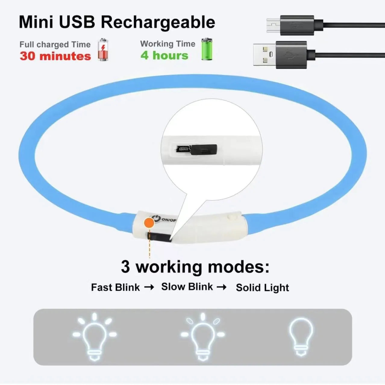 Silicone LED Dog Collar Rechargeable With 3 Modes Night Safety