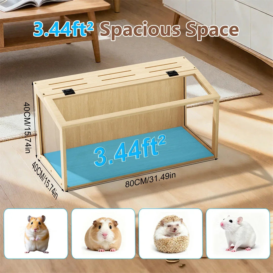 Natural Wooden Hamster Cage With Tempered Glass Panels And LED