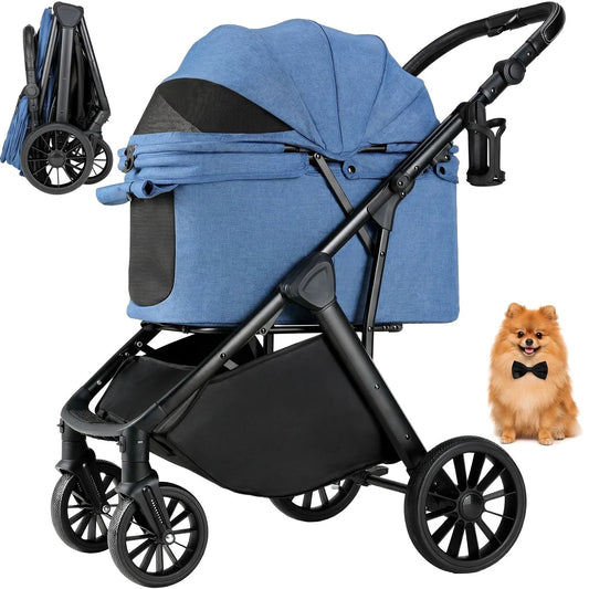 Foldable Pet Stroller With Adjustable Sun Shade Shock Absorbers