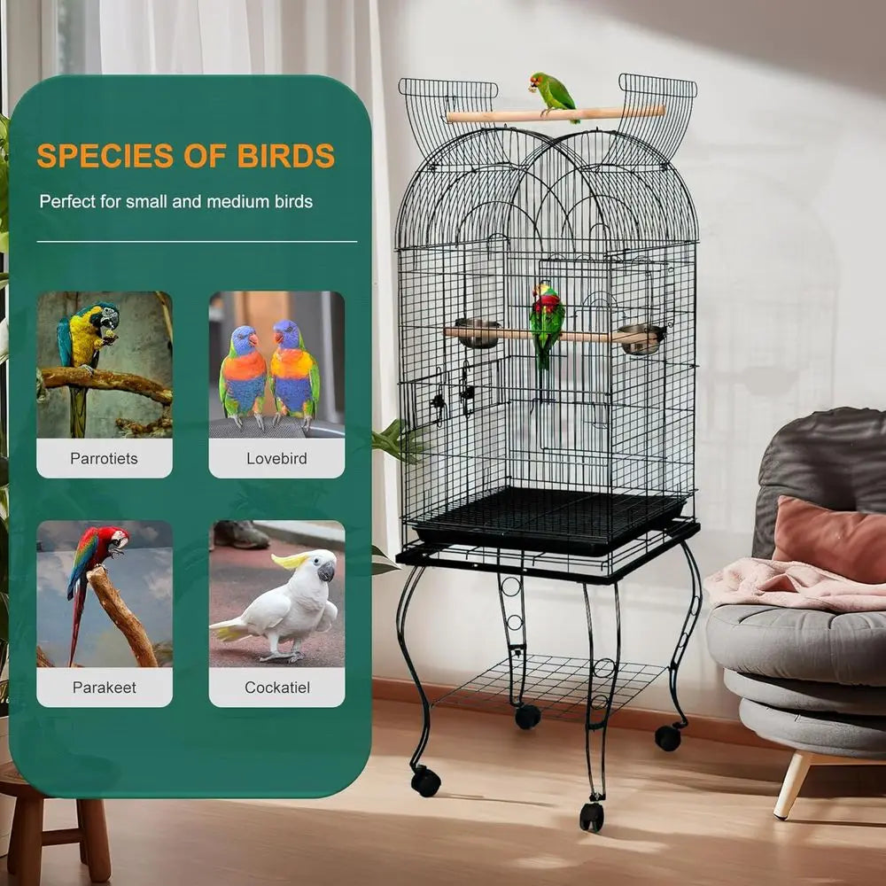 Open-Top Wrought Iron Bird Cage With Slide-Out Tray For Parrots And Cockatoos