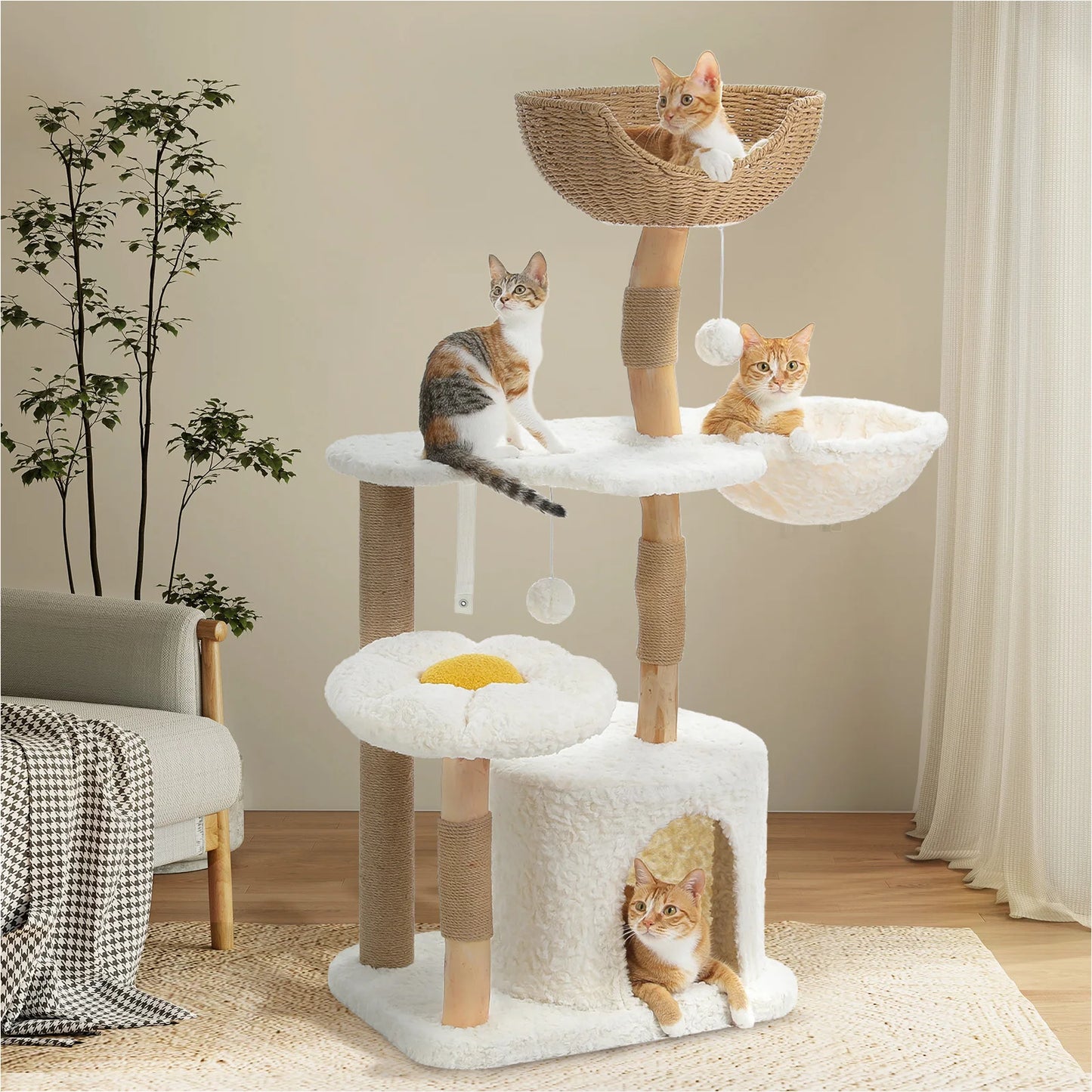 PEQULTI Solid Wood Cat Tree with Spacious Condo and Perches