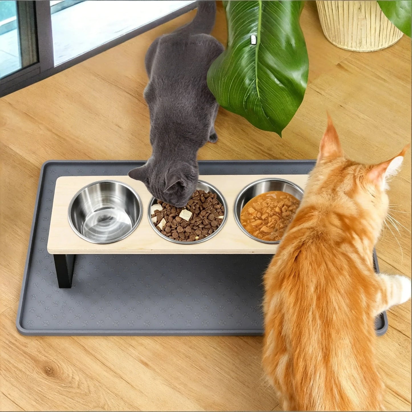 Elevated Cat Feeder 15 Degree Tilt Bamboo Iron Stand Stainless Steel Bowls
