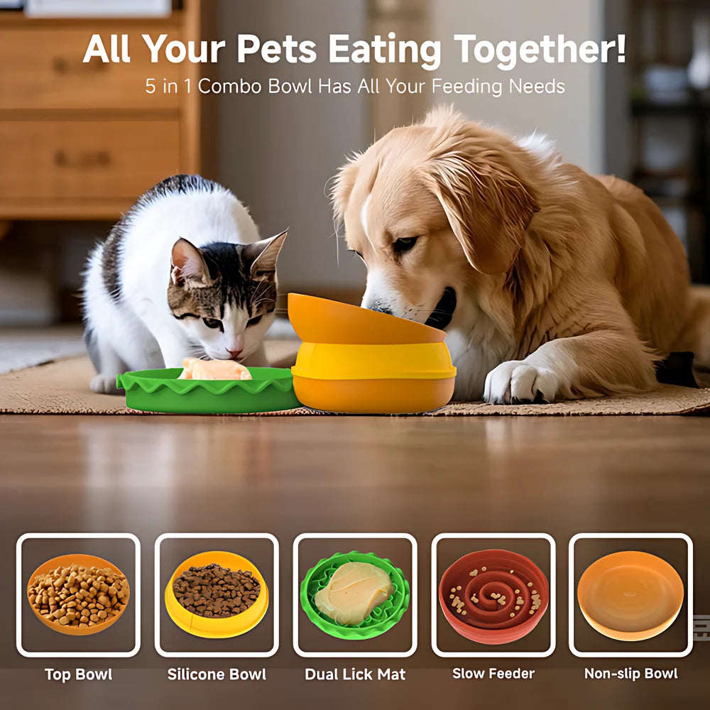 5-in-1 Burger Pet Bowls Set With Tilted, Elevated, Slow Feeder