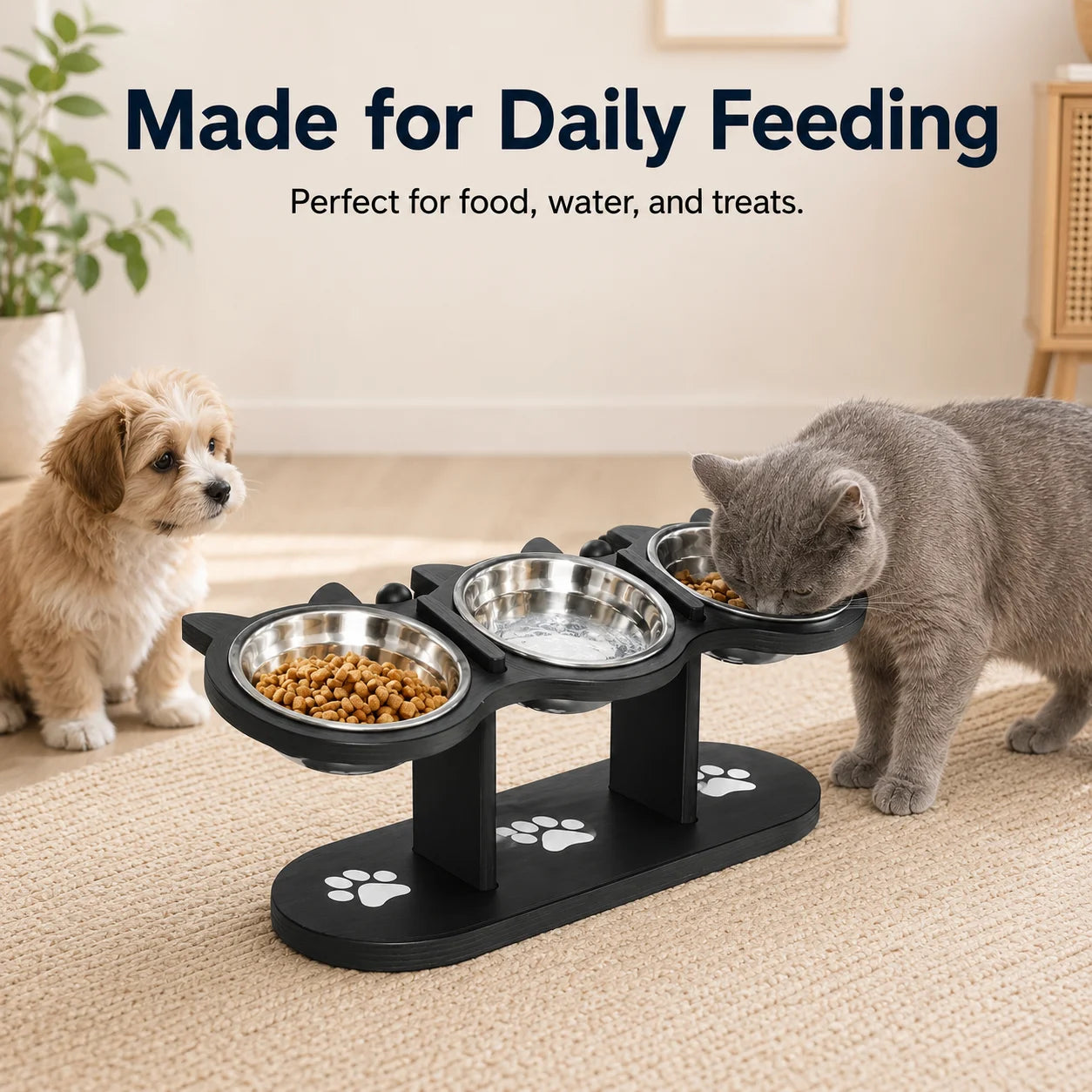 Tilted Elevated Cat Bowl Stand With Three Stainless Bowls