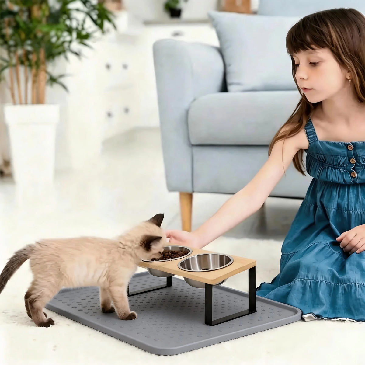 Elevated Cat Bowls With Wooden Stand Stainless Steel Feeding Set