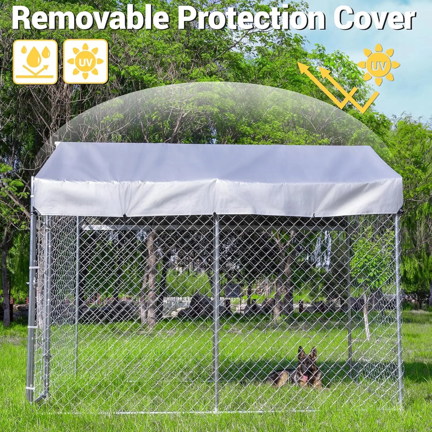 Galvanized Outdoor Dog Kennel With Roof Lock UV Resistant Cover