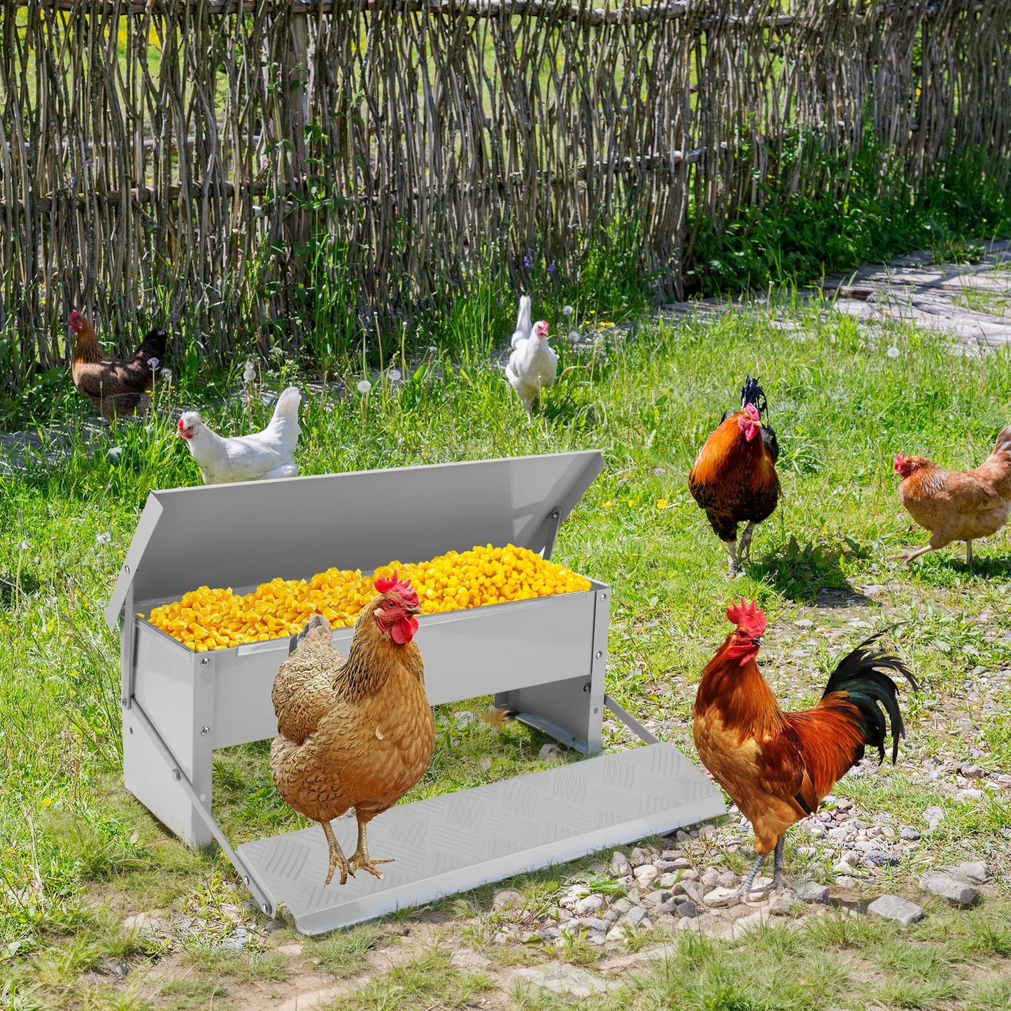 Automatic Chicken Feeder With Weatherproof Lid Treadle Stainless Steel
