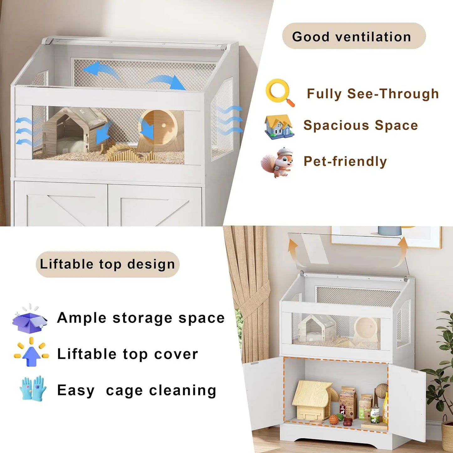 Hamster Cage With Storage Cabinet, Ventilated Small Animal Habitat