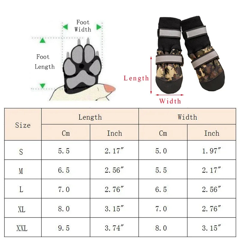 Waterproof Anti Slip Dog Snow Boots Reflective Camouflage