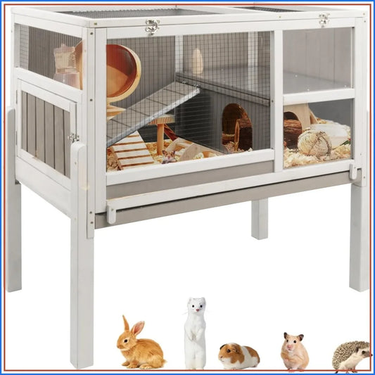 Wooden Two Story Guinea Pig Cage With Stand Ramp Leakproof Tray