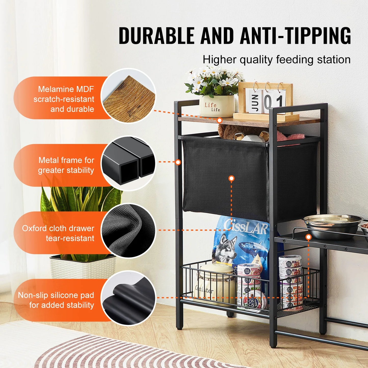 VEVOR Elevated Pet Feeding Station With Storage Bowls