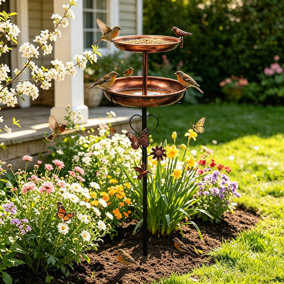Sturdy Two Tier Metal Bird Bath For Garden Outdoor Decor