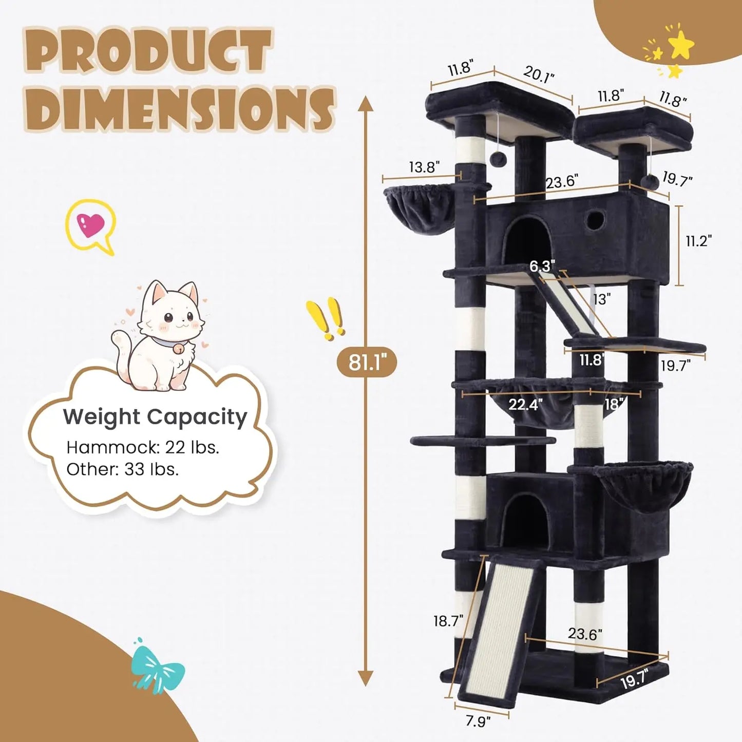 Three-Tier Cat Tree Tower With Hammock And Sisal Scratching Posts