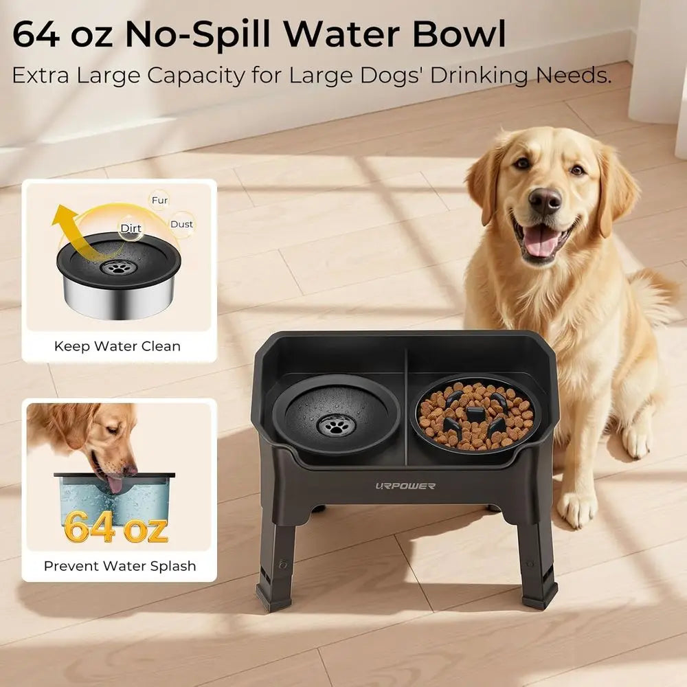 Elevated Adjustable Dog Bowls With No Spill And Slow Feeder