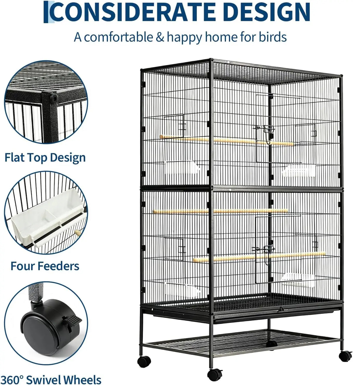 HiMISS Bird Cage With Rolling Base And Feed Bowls
