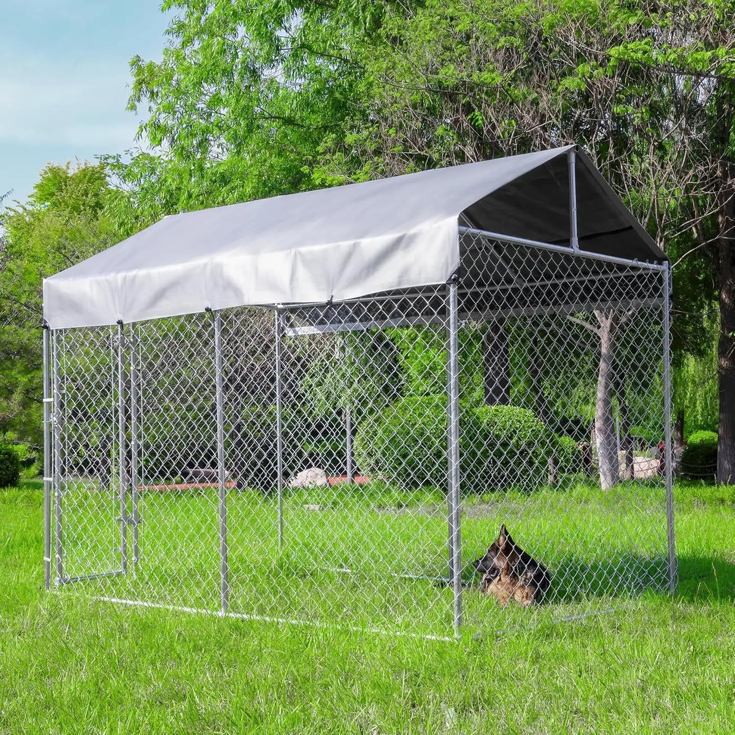 Galvanized Outdoor Dog Kennel With Roof Lock UV Resistant Cover