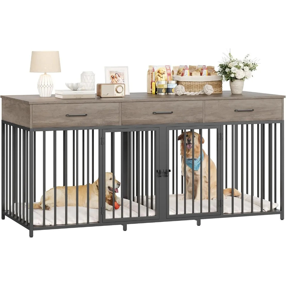 Heavy Duty Wooden Double Dog Crate With Drawers For Pets