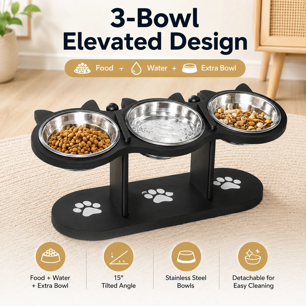 Tilted Elevated Cat Bowl Stand With Three Stainless Bowls