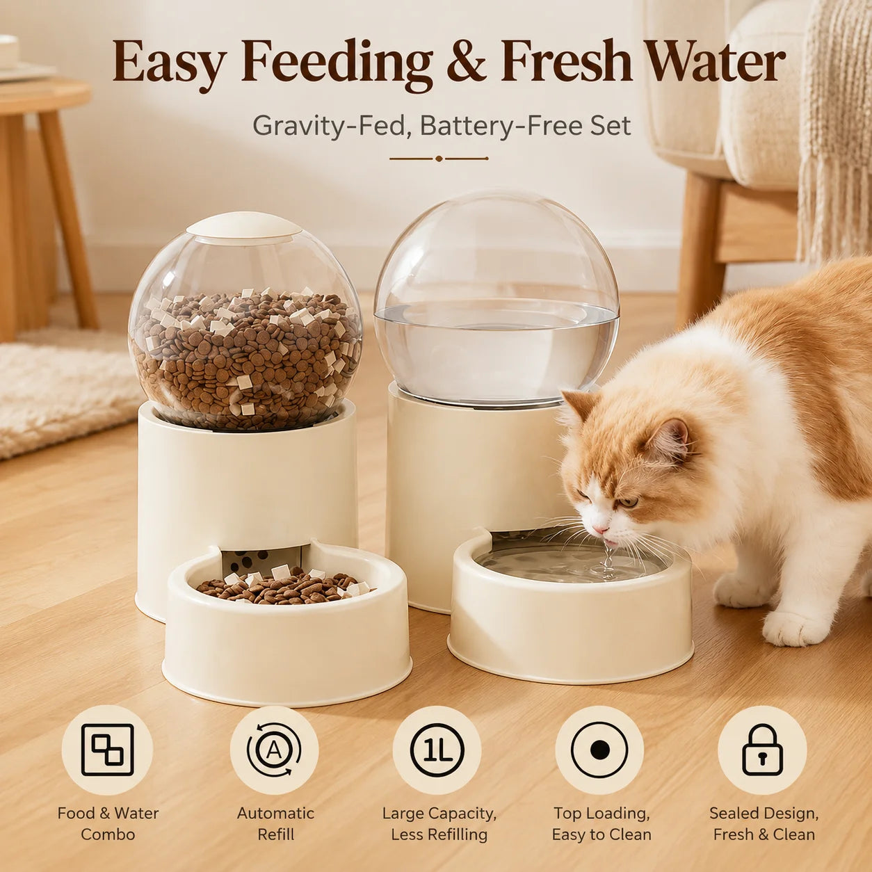 Automatic Gravity Cat Feeder And Water Dispenser Spill Proof