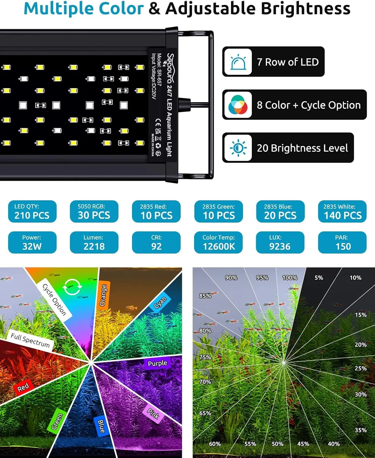 LED Aquarium Plant Light With Custom Timer And Power Off Memory Full Spectrum