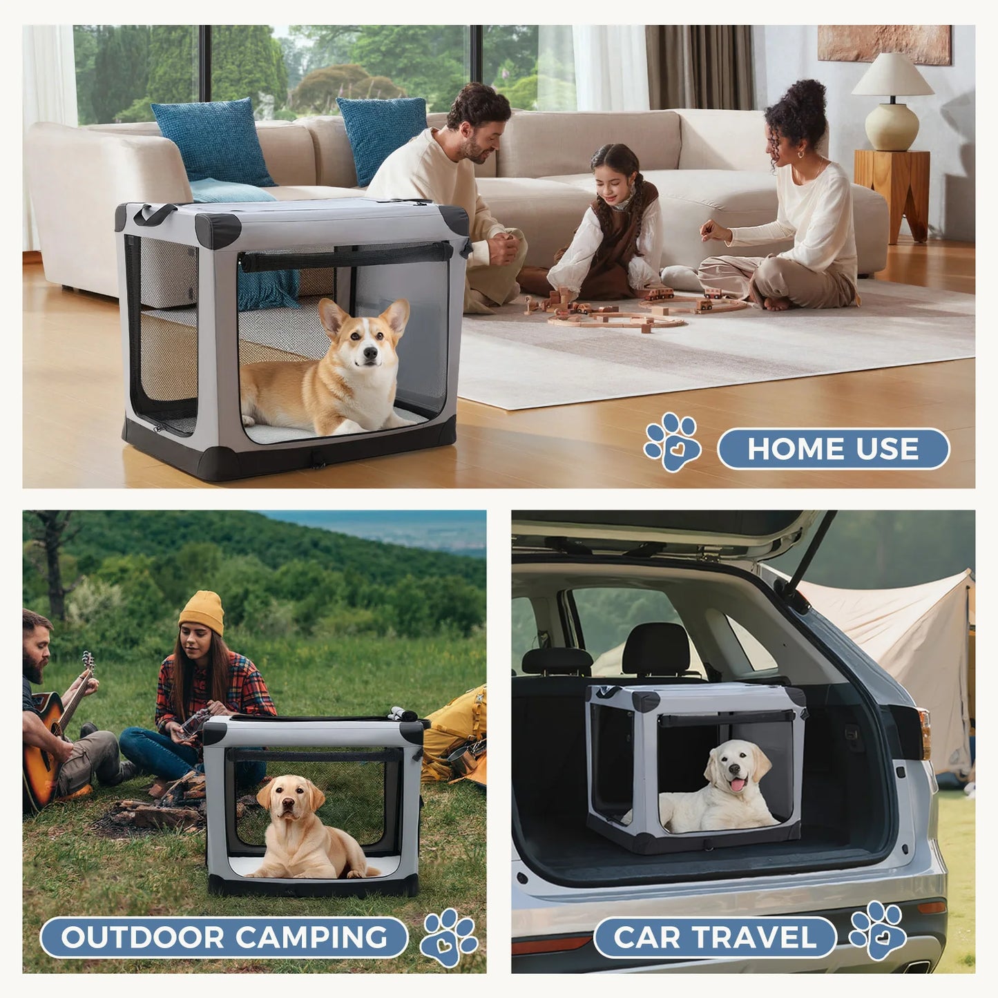 JHK 600D Oxford Foldable Soft Dog Crate with 3 Doors