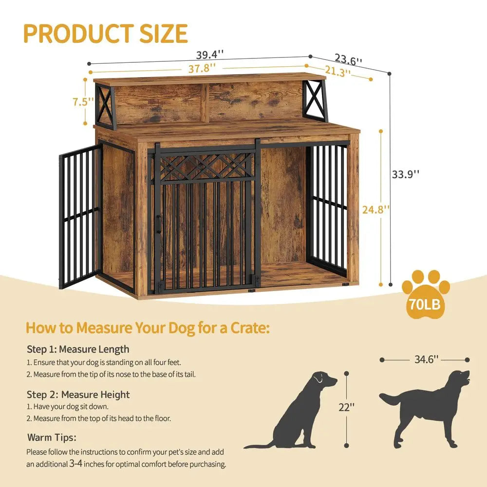 Large Wooden Dog Crate With Storage And 3 Doors End Table