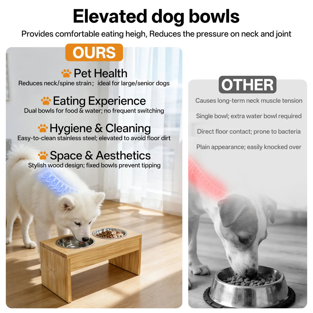 Wooden Elevated Dog Bowls With Stainless Steel Double Pet Feeder