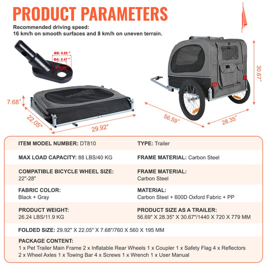 SucceBuy Dog Bike Trailer 88 Lb Capacity Foldable Pet Cart With Wheels