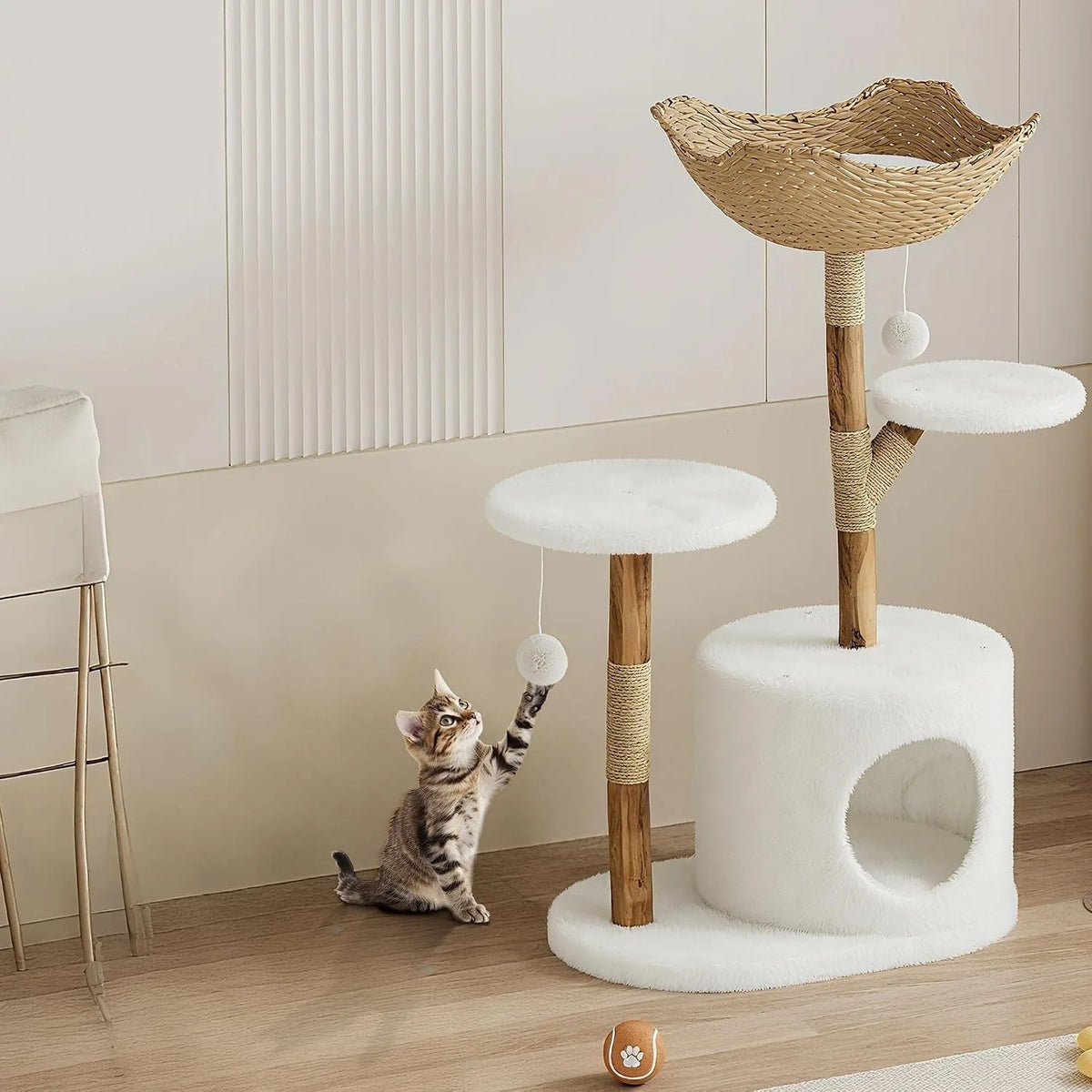 Wooden Cat Tree Tower with Rattan Multi Level Climbing Perches