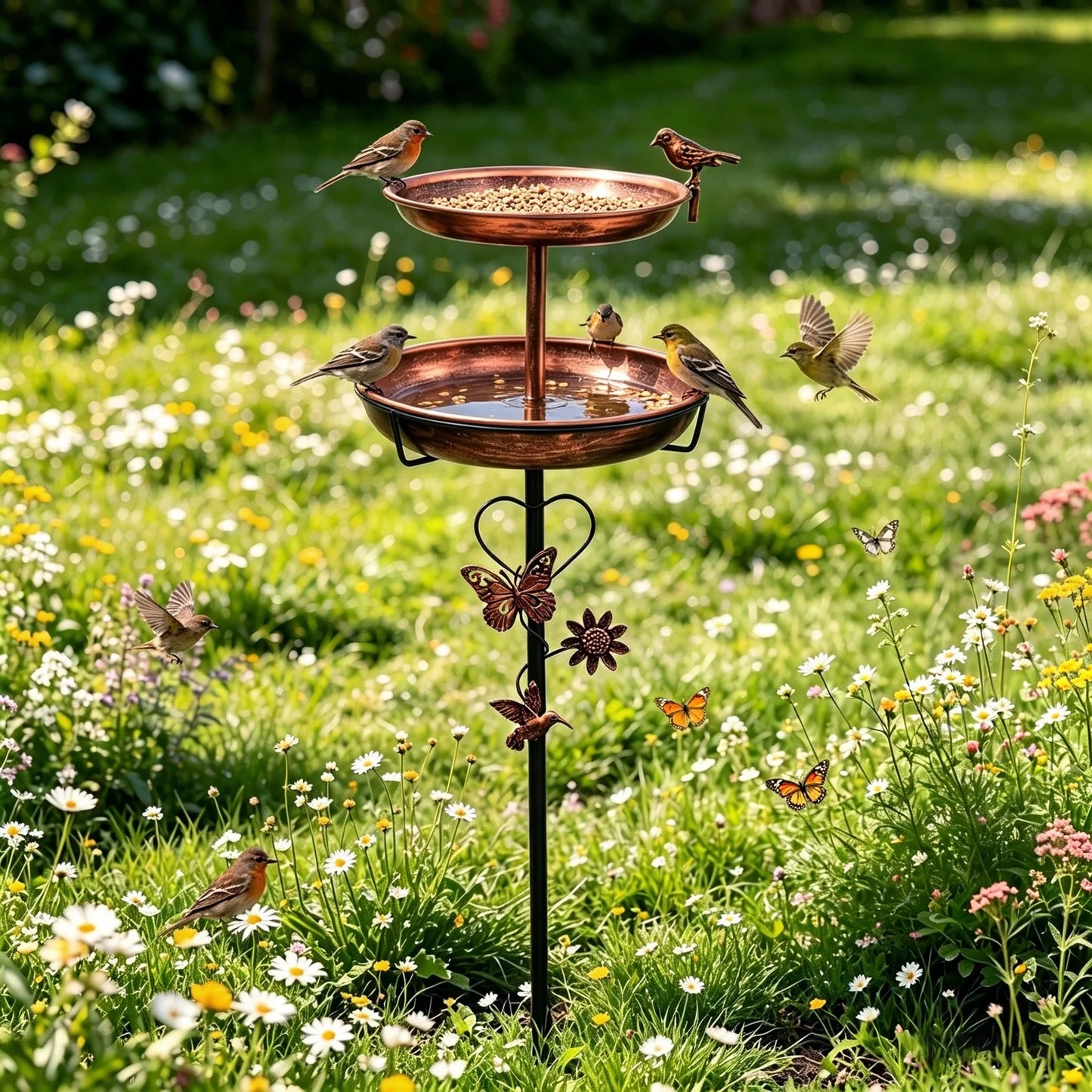 Double Layer Outdoor Bird Bath Stand With Five Pronged Base