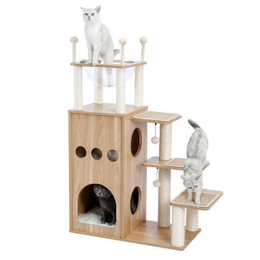 PAWZ Road Modern Cat Tree For Large Cats Wood Tower With Scratch Post