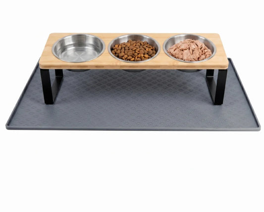 Elevated Triple Bowl Stainless Steel Cat Feeder With Silicone Mat