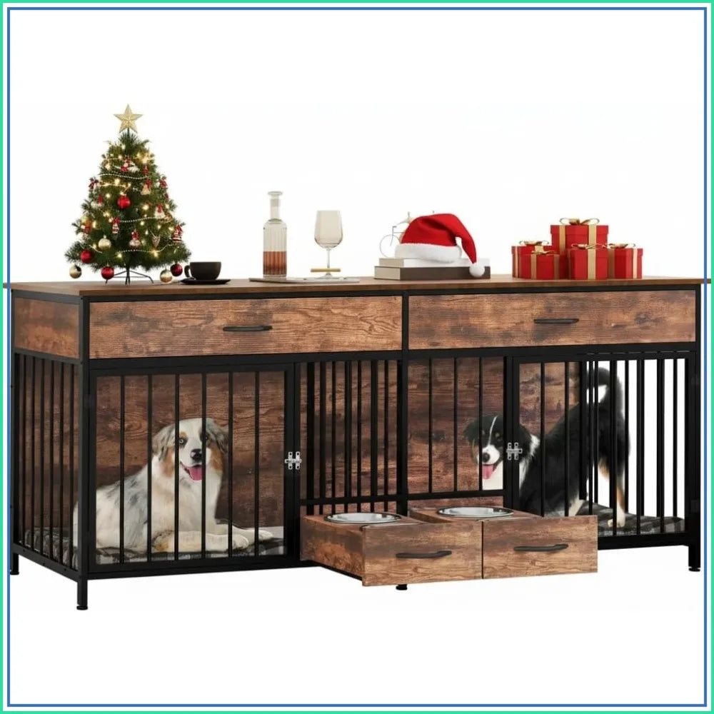 Dual Dog Crate Furniture With Side Table And Pet Food Dispenser