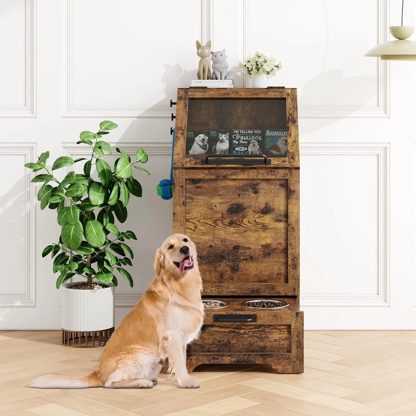 HiMISS Dog Feeding Station With Elevated Bowls And Storage Cabinet