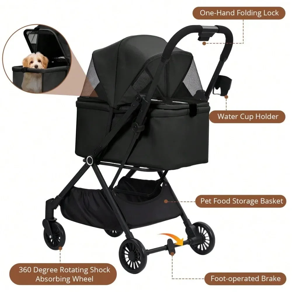 XMSJ Pet Stroller Foldable 4-Wheel Travel Carrier For Pets