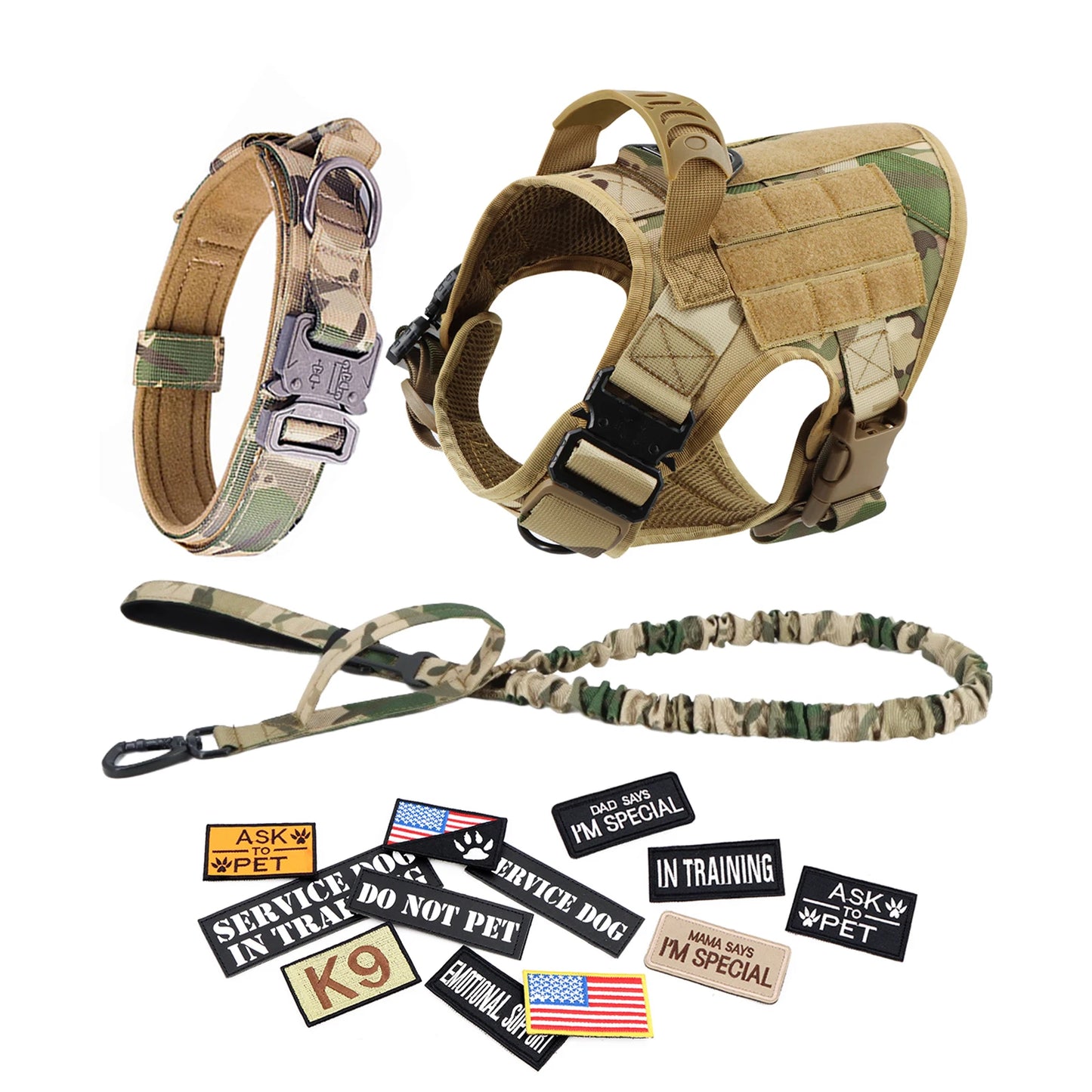PETRAVEL Tactical Dog Harness Vest Leash Collar Patches Set