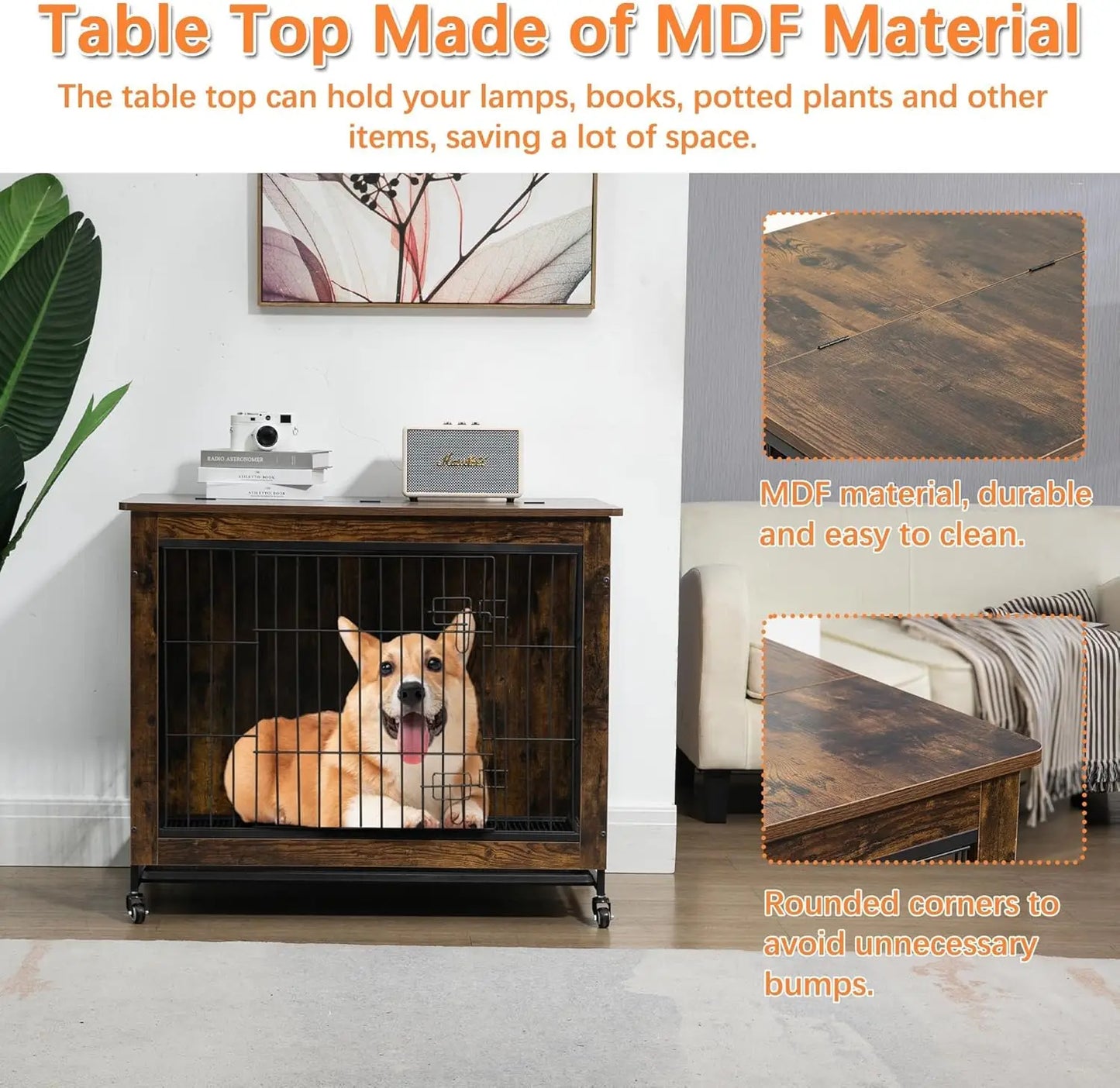 HiMISS Rustic Dog Crate Furniture With Wheels Heavy Duty Kennel